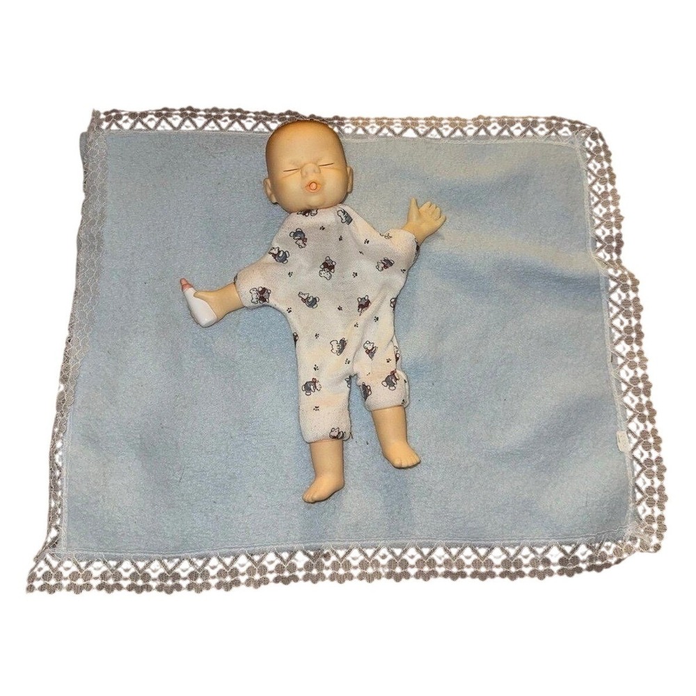 My Real Baby Hand Finger Puppet Doll Northport Vintage Blue Lace Blanket Bottle